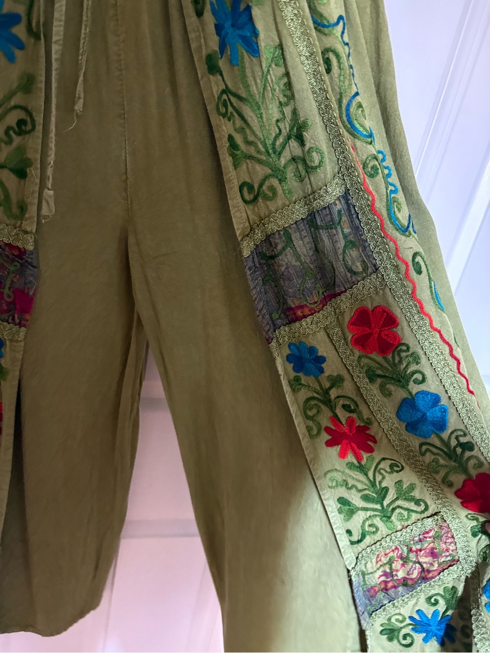 Olive Green Wide-Leg Embroidered Women's Pants - Picture 3 of 11